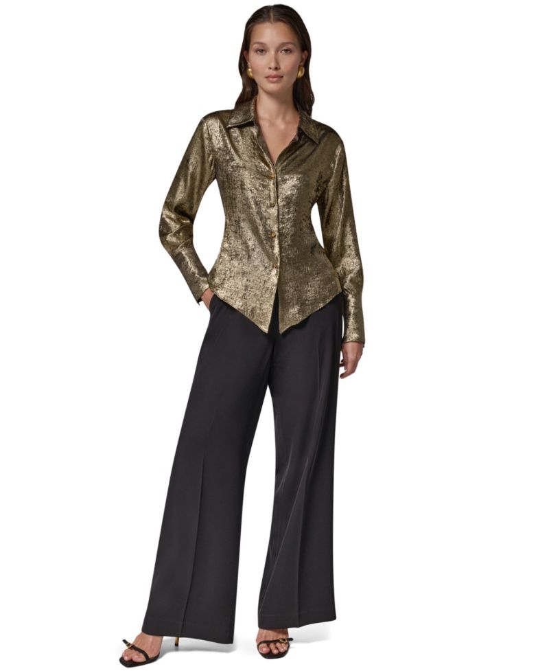 Petite Long-Sleeve Point-Collar Pointy-Asymmetrical-Hem Blouse