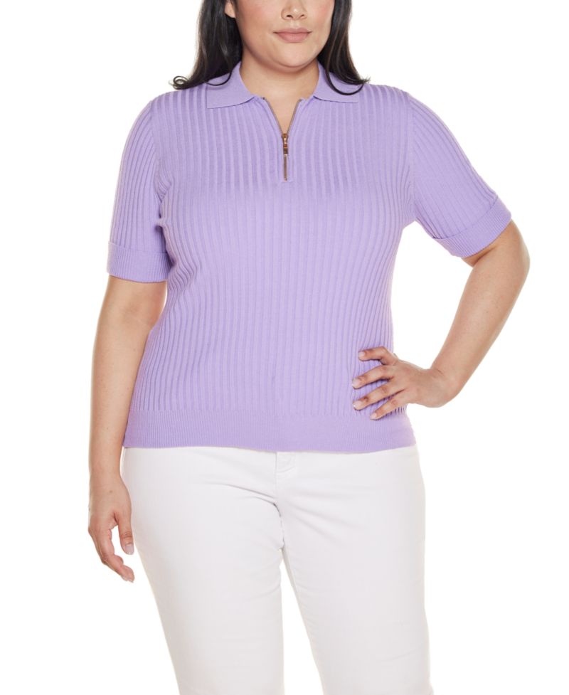 Plus Size Collared Quarter-Zip Ribbed-Knit Sweater