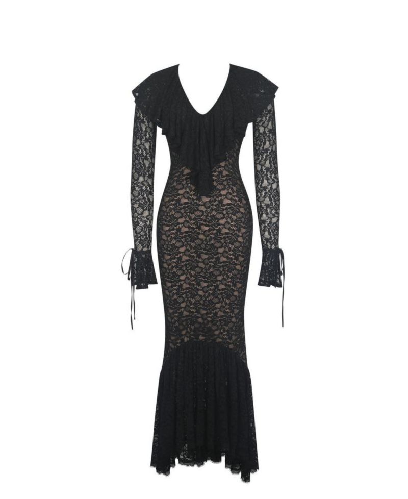 Women's Parisa Black Lace Ruffled Mermaid Maxi Dress