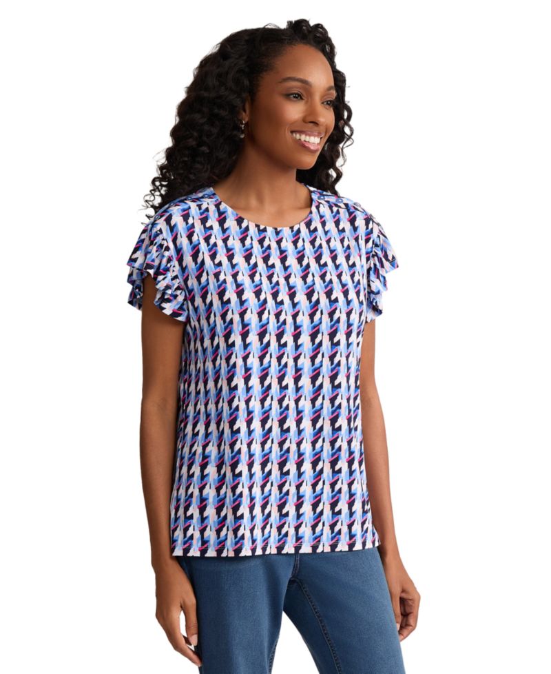 Petite Round Neck Flutter Short-Sleeve Top