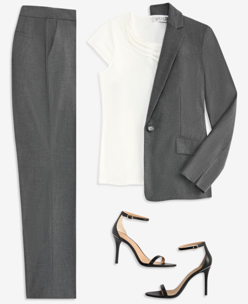 Women's Machine Washable One-Button Jacket, Cowl-Neck Cap-Sleeve Top & Mid-Rise Straight Pants
