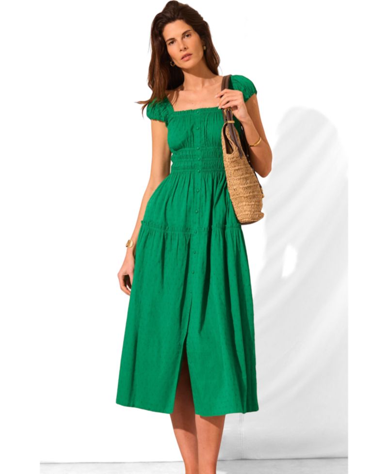 Women's Short-Sleeve Scoop-Neck Smocked Midi Dress
