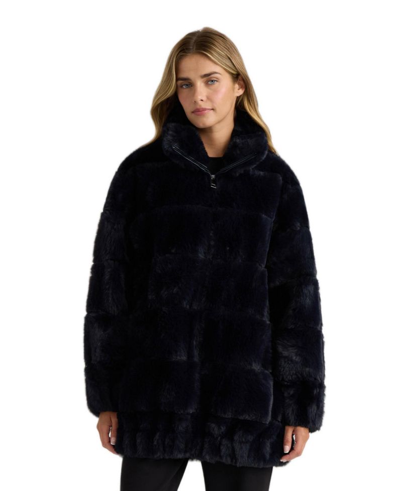 Women's faux fux zip Jacket With Elastic Waistband and Cuffs