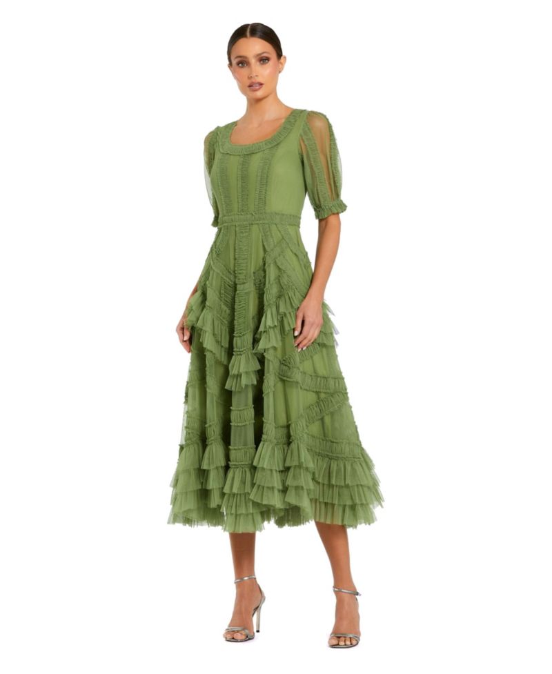 Women's Ruffle Scoop Neck Short-Sleeve Midi Dress