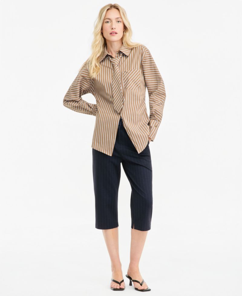 Women's Collared Striped Poplin Tie Shirt