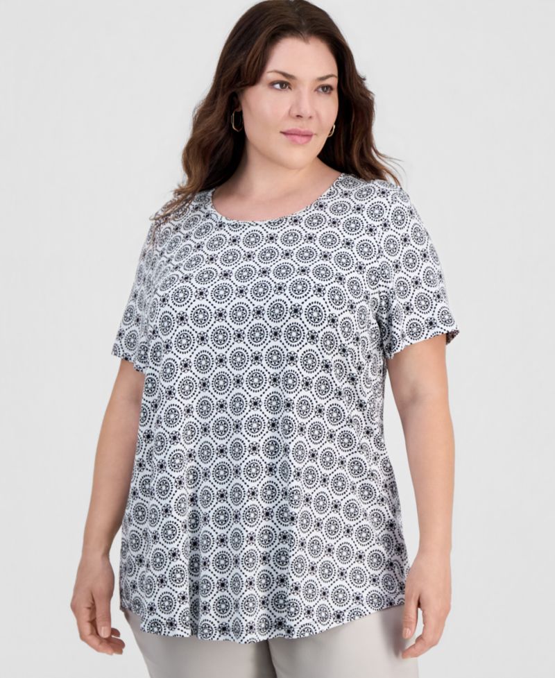Plus Printed Scoop-Neck Short Sleeve Top
