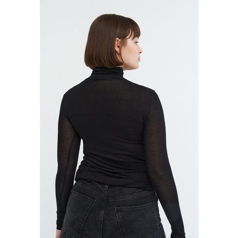 Women's Cara Fitted Turtleneck Top with Sheer Jersey Sleeves