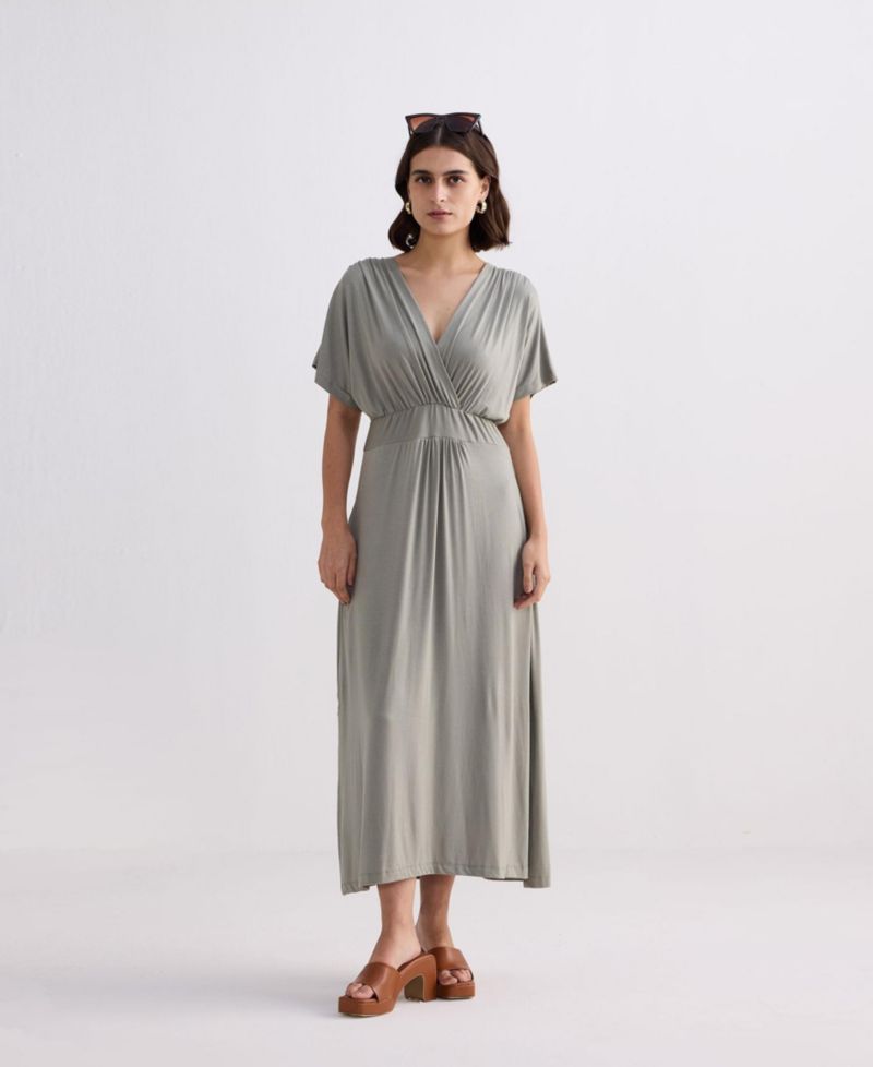 Women's FLowy A-Line Maxi Dress with Side Slits in Light Olive