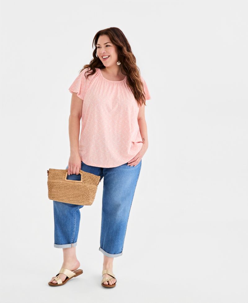 Plus Size Printed Scoop-Neck Flutter-Sleeve Top