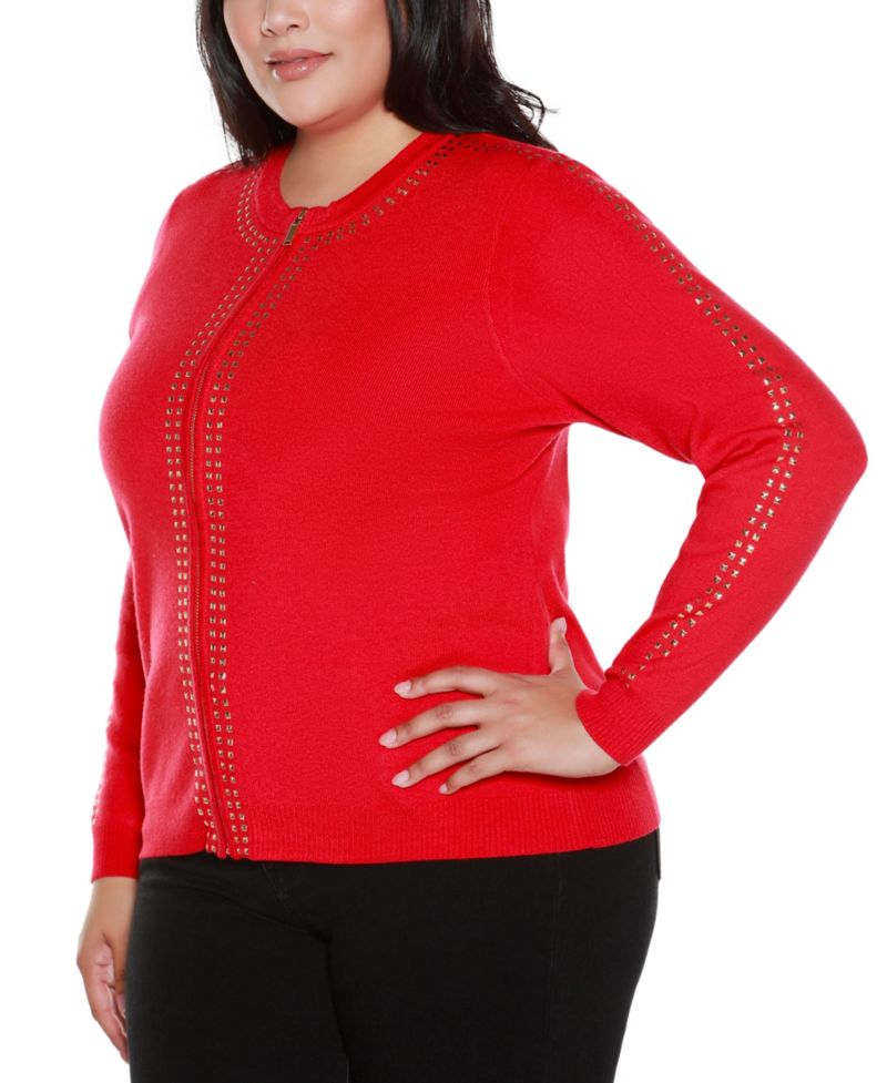 Black Label Plus Size Crewneck Embellished Zip Cardigan Sweater