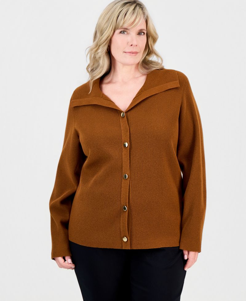 Petite Collared Long-Sleeve Button Cardigan
