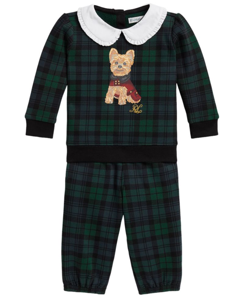 Baby Girls' Dog-Print Plaid Fleece Sweatshirt and Pants, 2-Piece Set