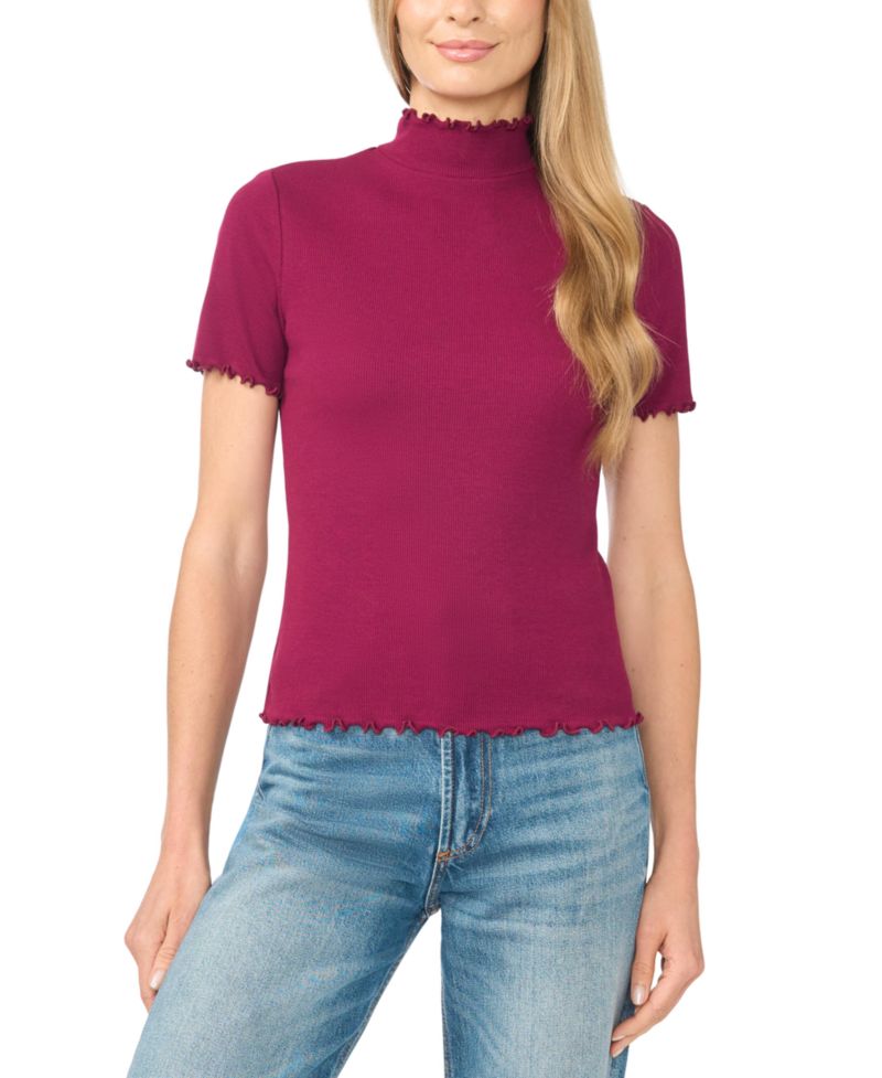 Women's Mock-Neck Short-Sleeve Lettuce-Trim Cotton-Blend T-Shirt