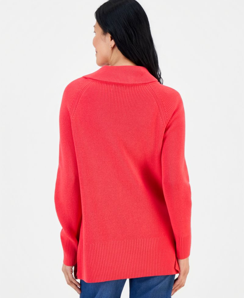 Petite High-Neck Zip Cotton Sweater