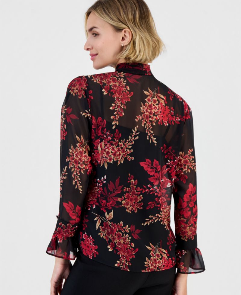 Women's Long-Sleeve Bow-Front Floral-Print Blouse