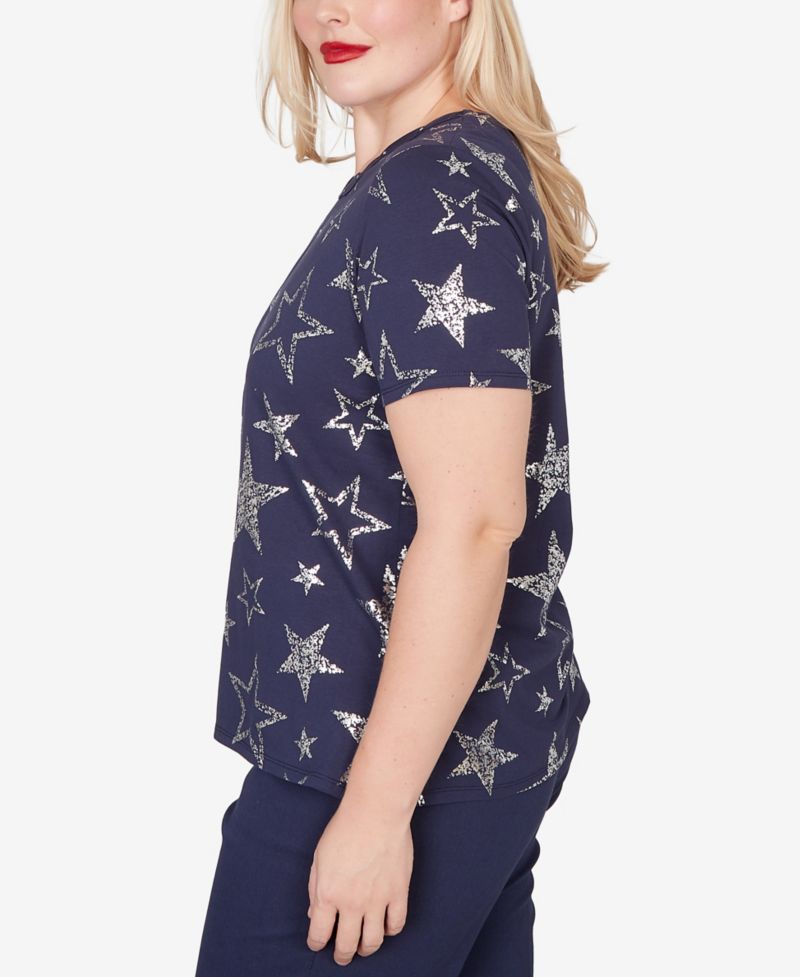 Petite Lady Liberty Sparkling Foil Stars Short-Sleeve T-Shirt