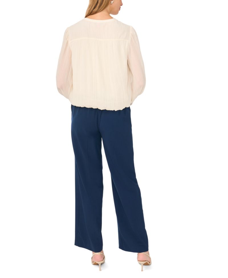 Women's Long-Sleeve Split-Neck Bubble-Hem Blouse
