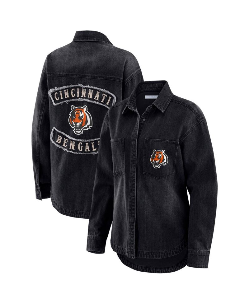 Women's Black Cincinnati Bengals Washed Oversized Denim Full-Snap Shacket
