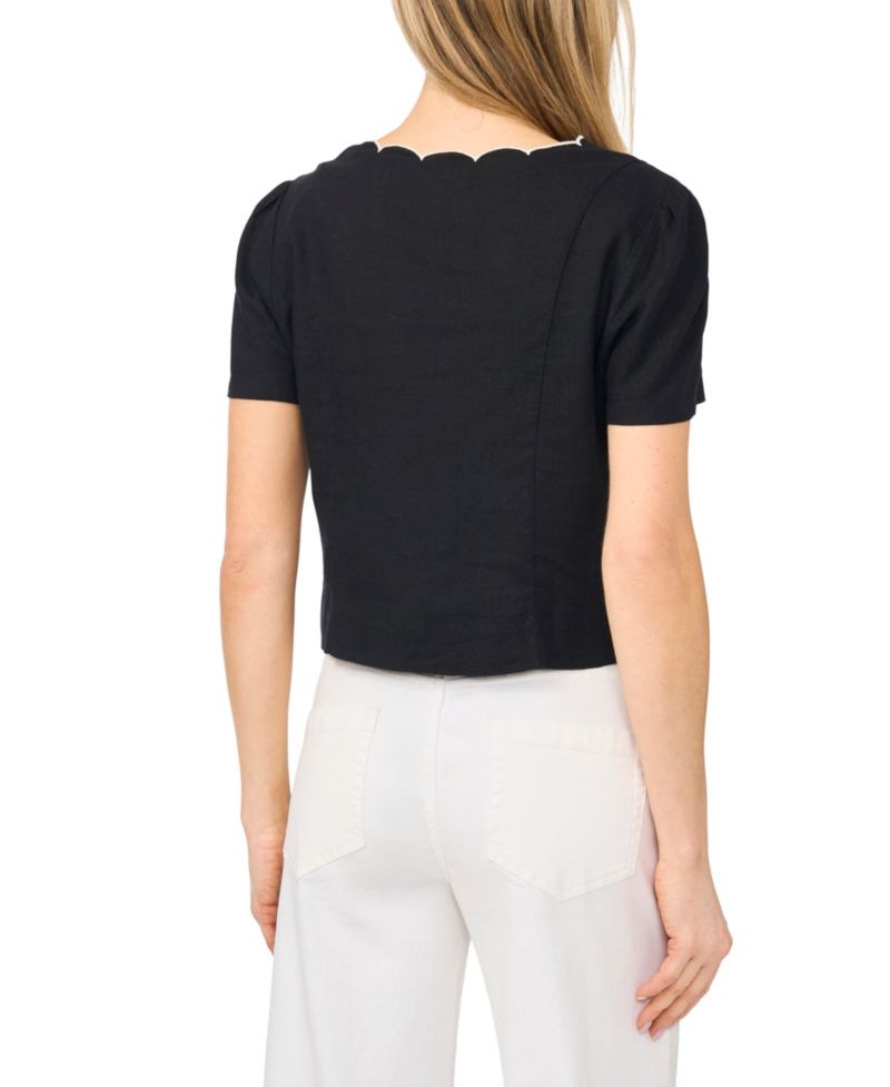 Women's Linen-Blend Short-Sleeve V-Neck Scallop Edge Top