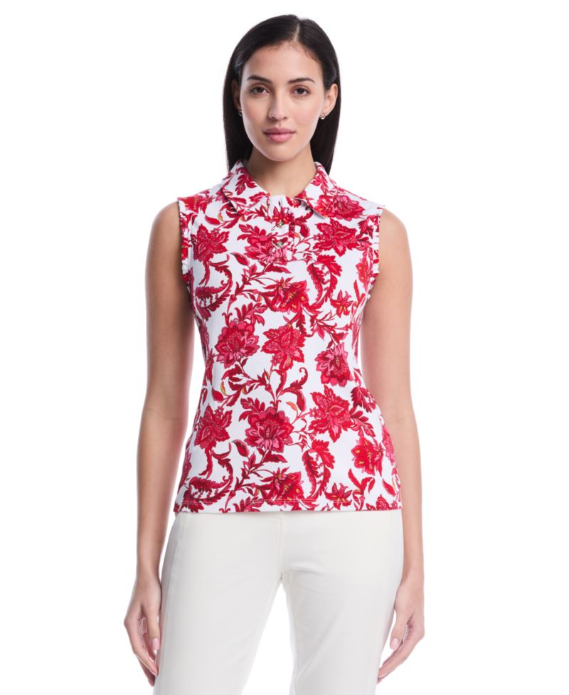 Petite Botanical Print Ruffle Trim Sleeveless Polo Shirt