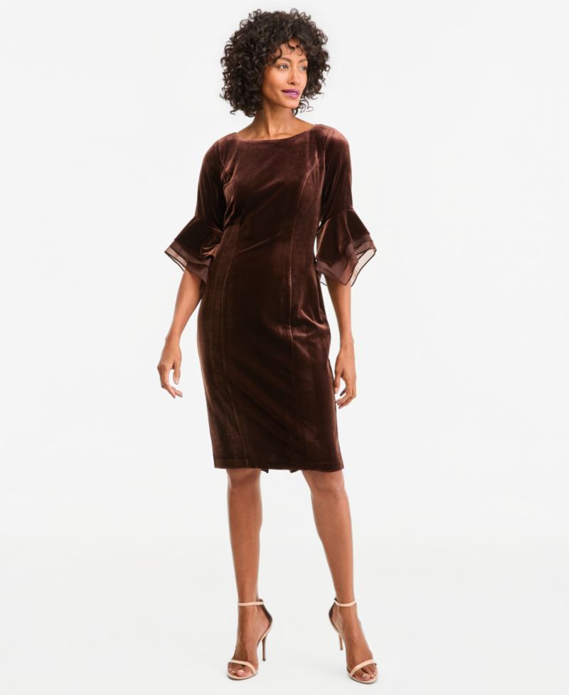Plus Velvet Bell-Sleeve Mesh-Trim Dress