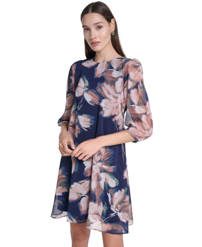 Women's 3/4-Sleeve Floral Chiffon Shift Dress