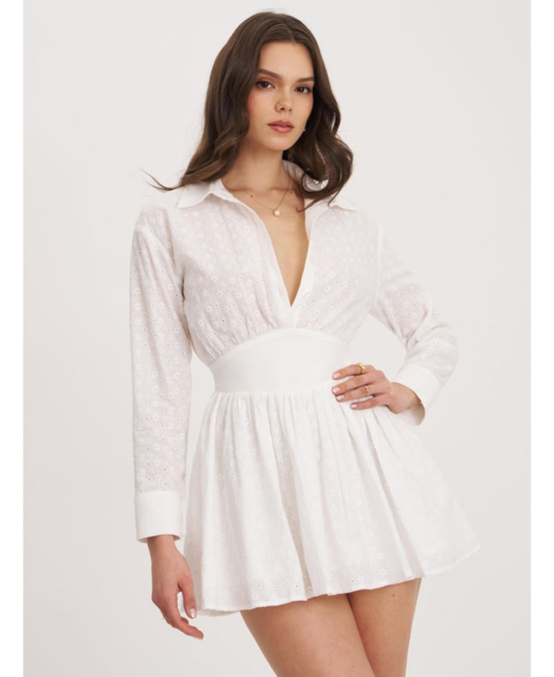 Women's Gabriella White Cotton Eyelet Button Up Long Sleeve Shirt Dress