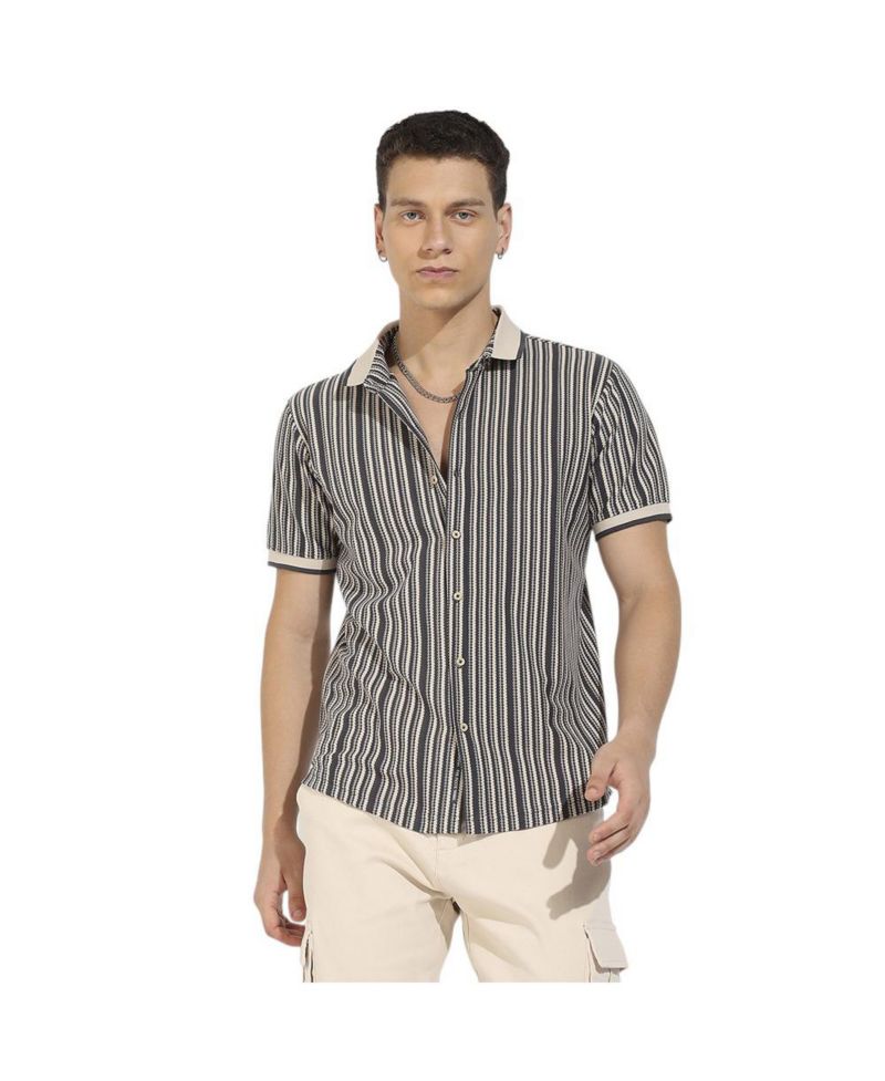 Men's Light Grey & Navy Blue Contrast Knitted Shirt
