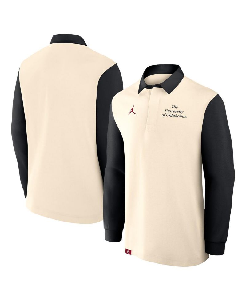 Men's Cream/Black Oklahoma Sooners Rugby Long Sleeve Polo Shirt