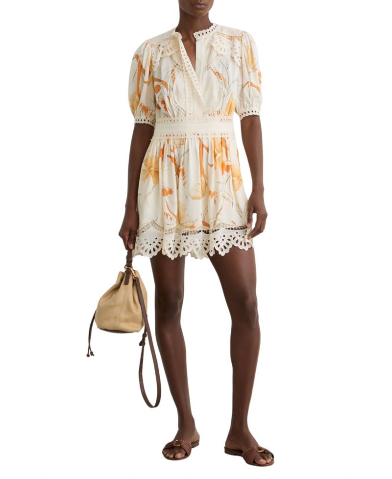 Women's Floral-Print Lace-Trim Mini Dress