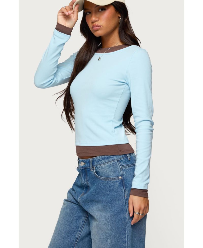 Women's Contrast Layered Look Long Sleeve T Shirt