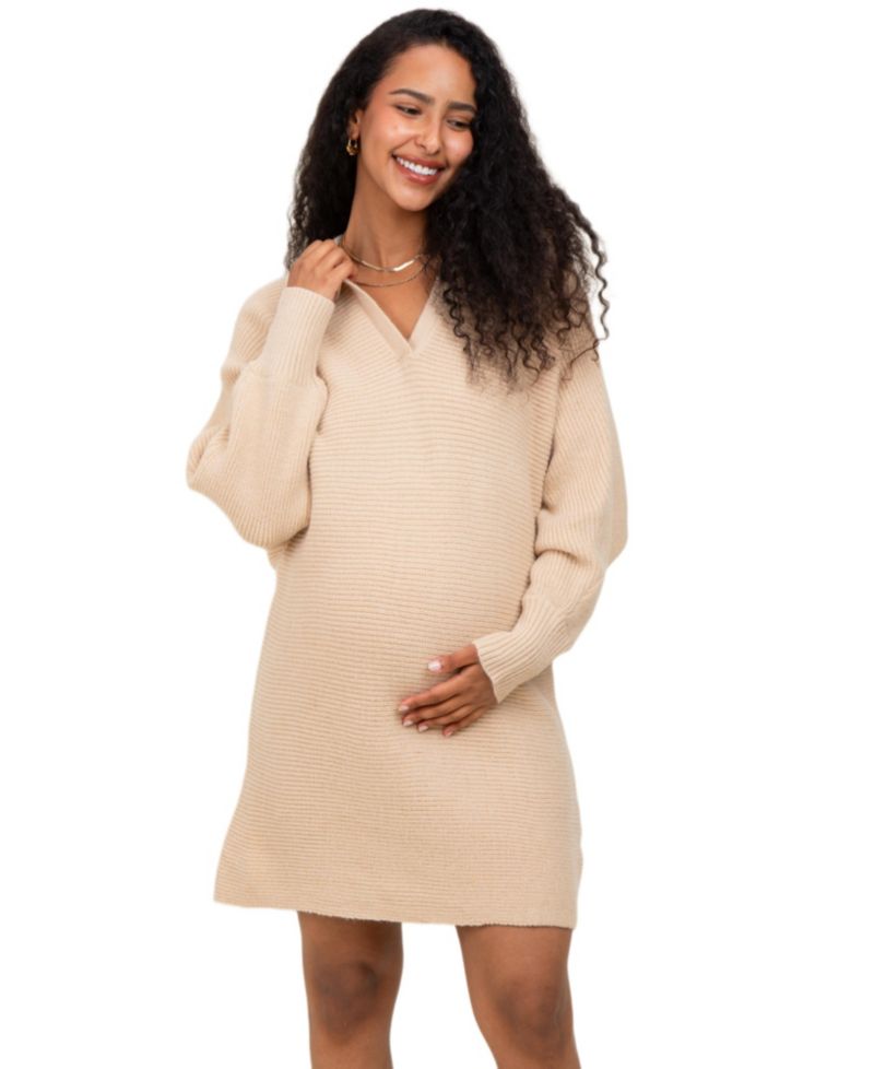 Women's Taupe Chunky Knit Collared Sweater Dress