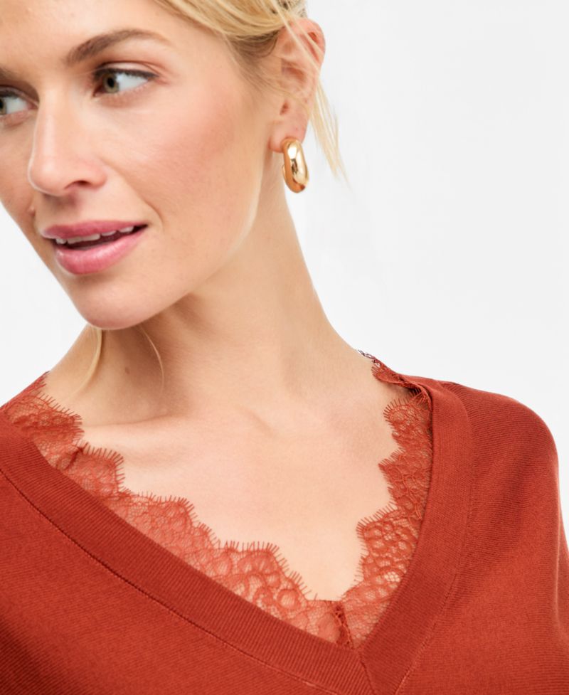 Petite Lace Trim Double V Neck Dolman Long-Sleeve Viscose-Blend Sweater