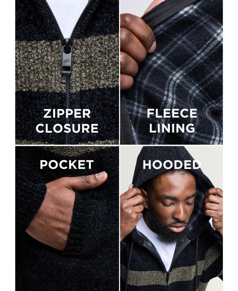 Men's Full Zip Hooded Sweater With Stripes And Flannel Lining