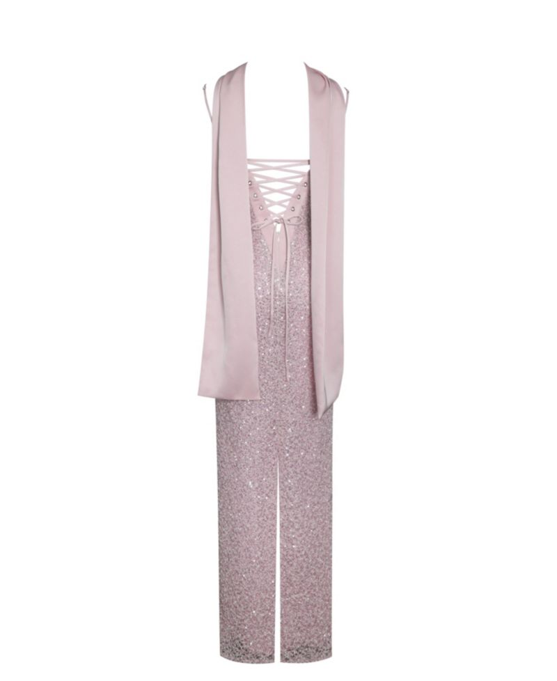 Women Raizel Pink Beaded Sequin Bodycon Gown with Scarf