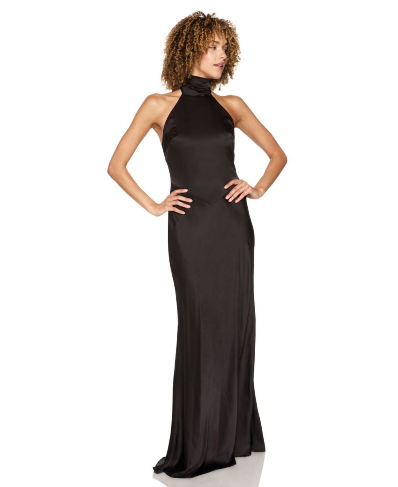 Juniors' Halter-Neck Satin Back-Neck Tie Gown