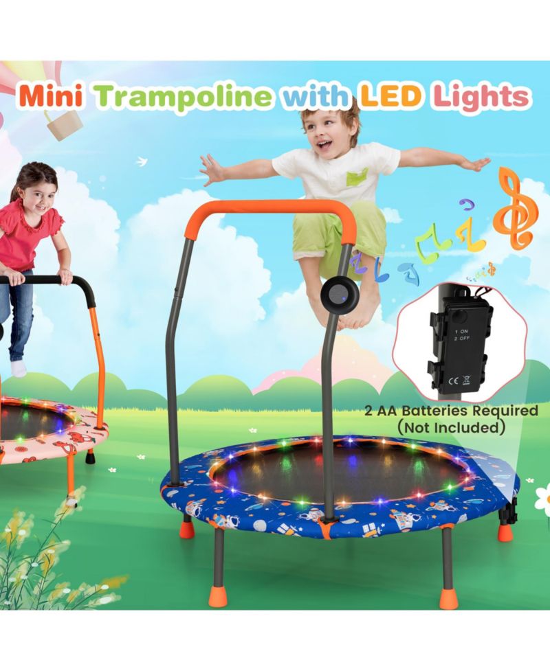 36'' Mini Toddler Trampoline w/ LED Bluetooth Speaker Detachable Handle Kids Gifts