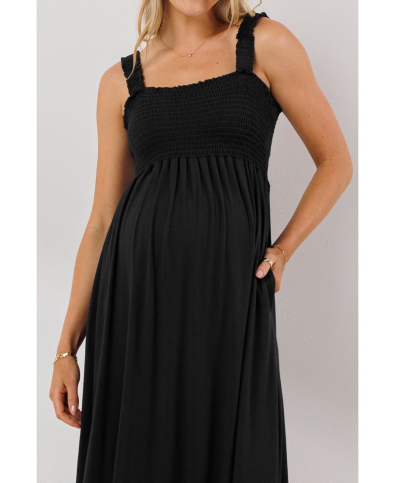 Maternity Smocked Bodice Sleeveless Dress with Ruffle Straps