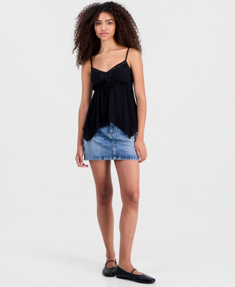 Juniors' Embroidered Handkerchief-Hem Sleeveless Top