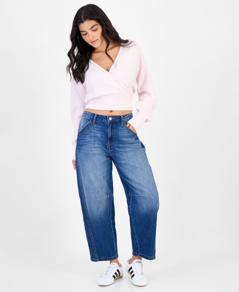 Juniors' Surplice Studded Pullover Sweater