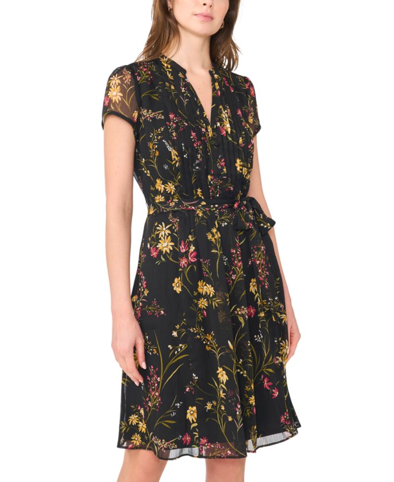 Women's Floral-Print Pintuck Short-Sleeve Shirtdress