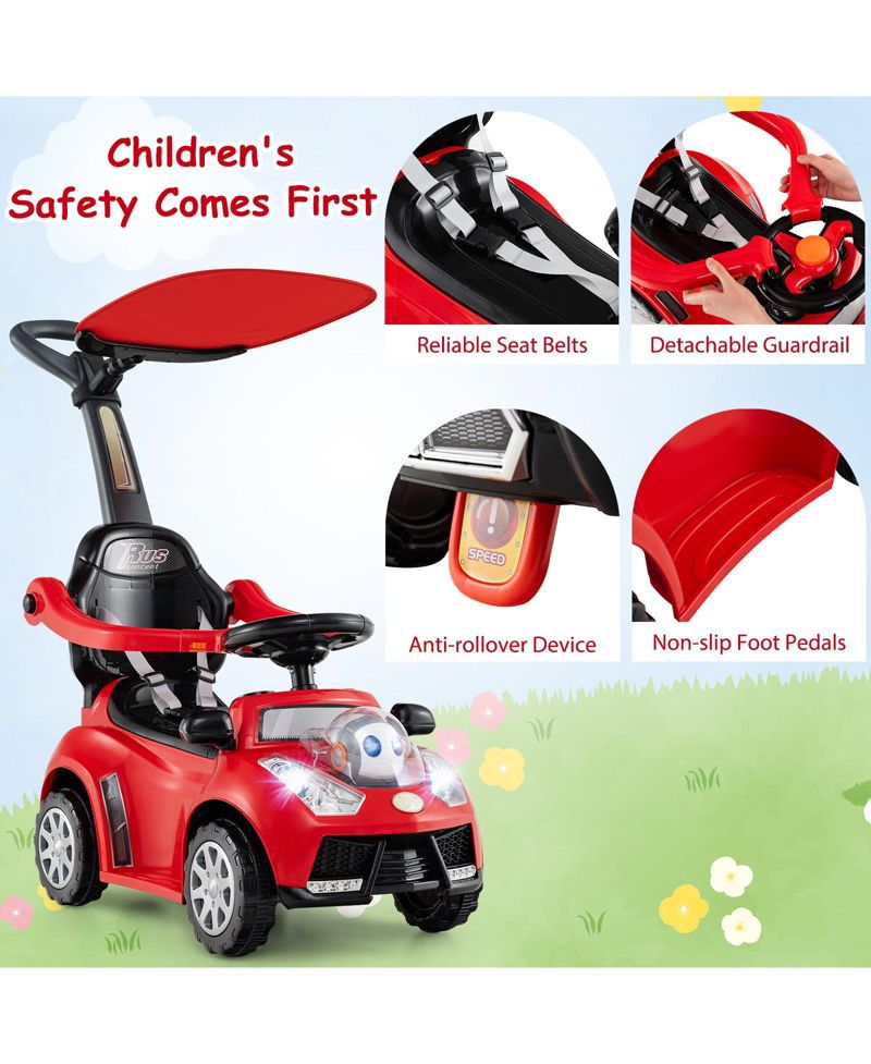 3-in-1 Sliding Walker w/ Adjustable Canopy Horn Music & Light for Boys & Girls