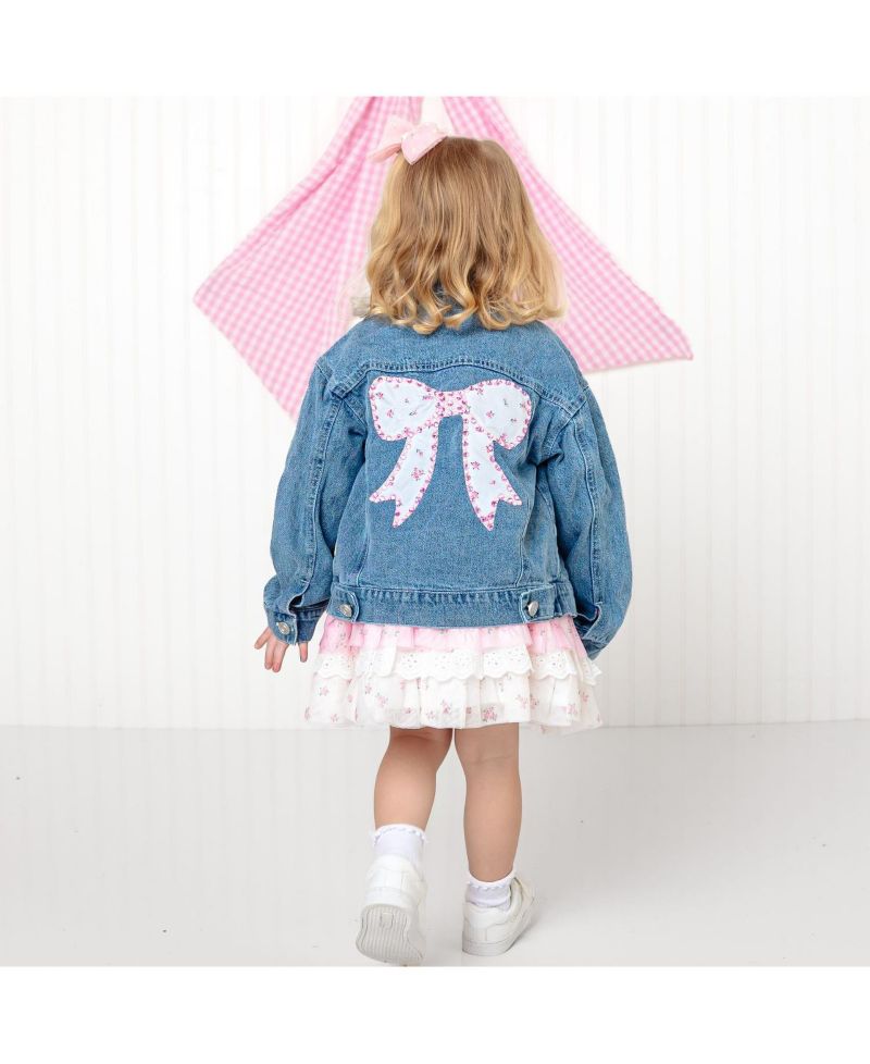 Big Girls Pearl and Gemstone Floral Bow Patch Denim Jacket