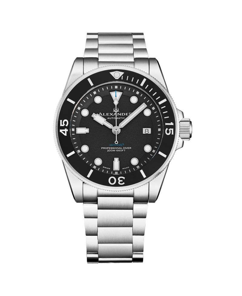 Vathos3 Men's Swiss Made Diver Watch 43mm Silver Tone Stainless Steel Case Black Dial Rotating Bezel Sapphire Crystal 200M Water Resistant