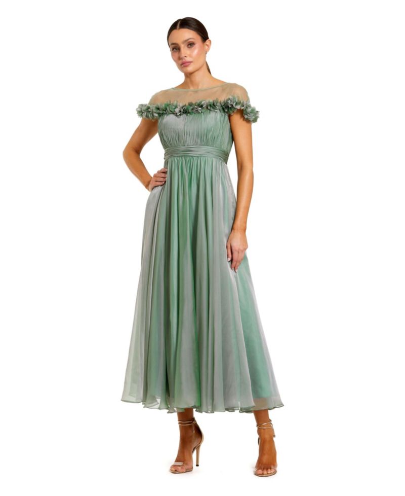 Women's Chiffon Illusion Neck Midi Dress With 3D Flowers