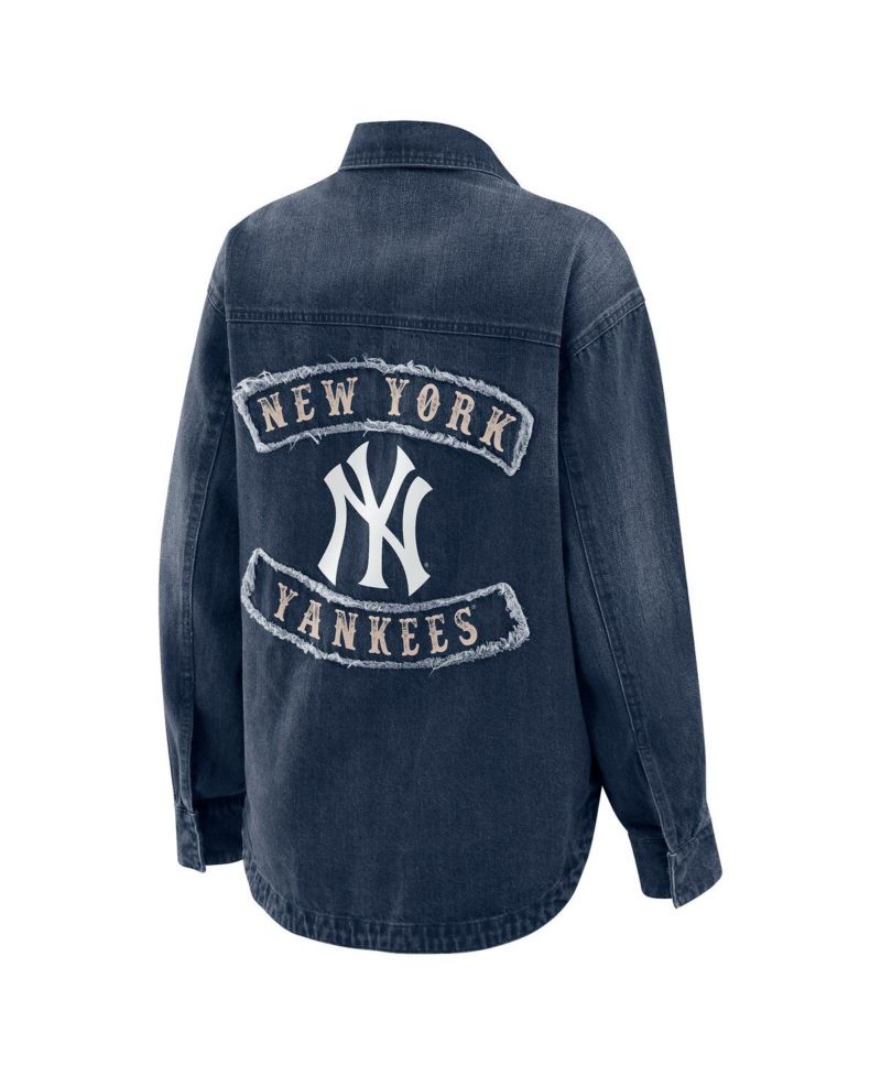 Women's Denim New York Yankees Washed Oversized Denim Full-Snap Shacket