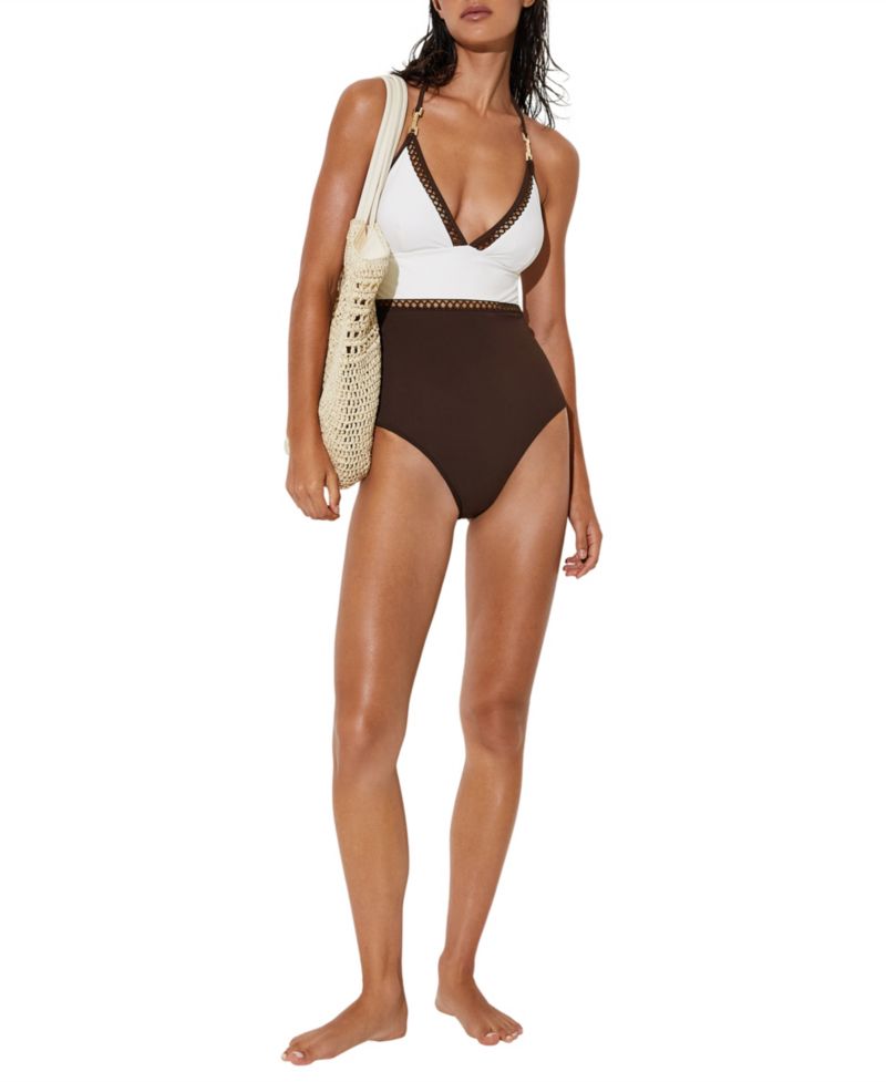 Women's Ray Halter Colorblock Plunging Neckline One-Piece Swimsuit