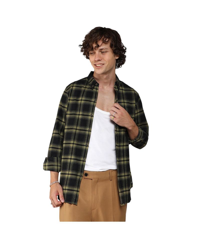 Men's Midnight Black & Sage Green Brushed Buffalo Check Shirt