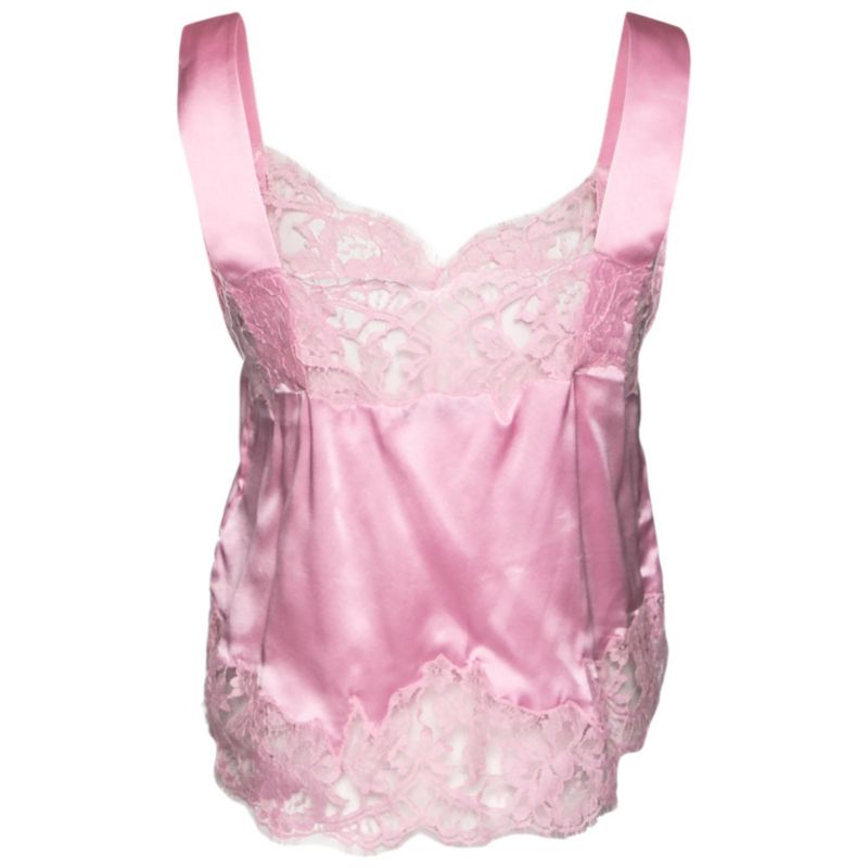 Women's Pink Satin Slip Cami Lace Trimmed Top