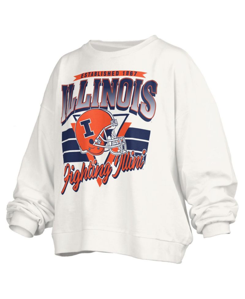 Women's White Illinois Fighting Illini Oversized Janice Retro Waist-Length Pullover Sweatshirt